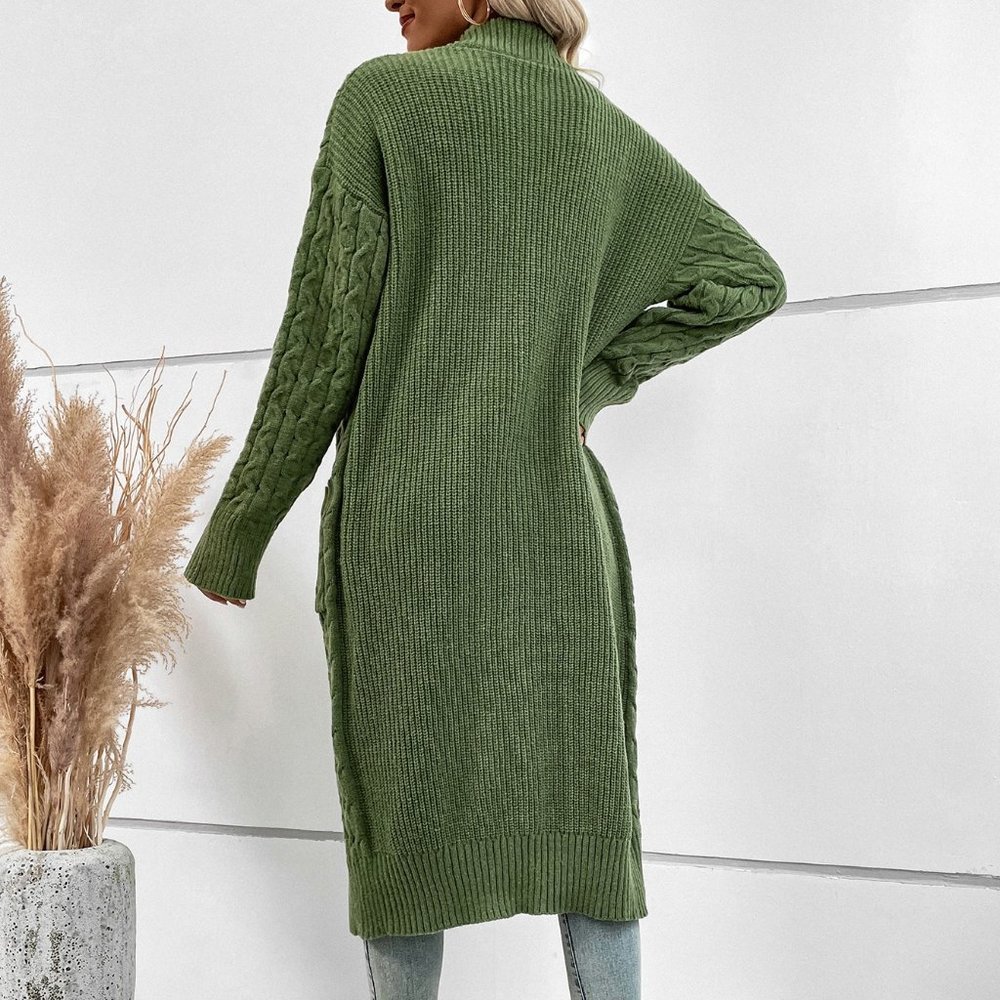 Green Casual Womens Dual Pocket Drop Shoulder Cable Knit Duster Cardigan - Picture 3 of 5